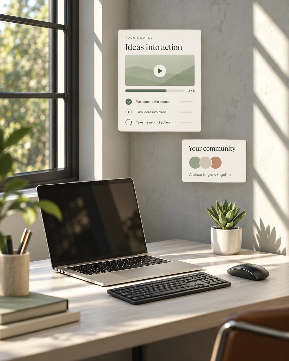 Sunlit workspace with illustrative course and community panels